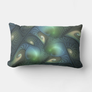 Spirals Teal Beige Green Abstract Fractal Art Lumbar Cushion