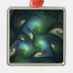 Spirals Teal Beige Green Abstract Fractal Art Metal Tree Decoration