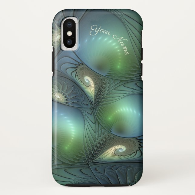 Spirals Teal Beige Green Abstract Fractal Art Name Case-Mate iPhone Case (Back)