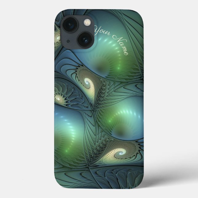 Spirals Teal Beige Green Abstract Fractal Art Name Case-Mate iPhone Case (Back)