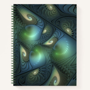 Spirals Teal Beige Green Abstract Fractal Art Notebook