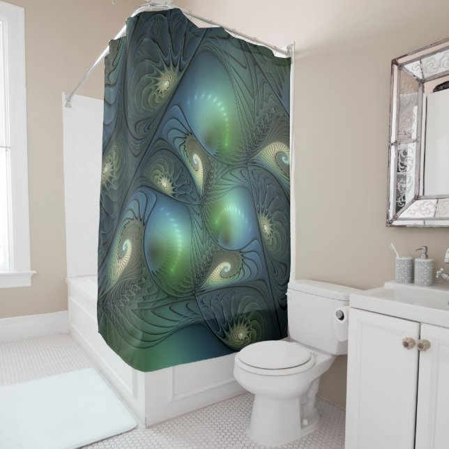 Spirals Teal Beige Green Abstract Fractal Art Shower Curtain (In Situ)