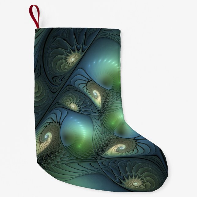 Spirals Teal Beige Green Abstract Fractal Art Small Christmas Stocking (Front)