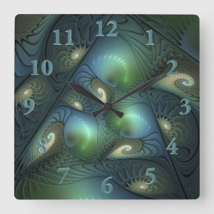 Spirals Teal Beige Green Abstract Fractal Art Square Wall Clock