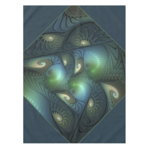 Spirals Teal Beige Green Abstract Fractal Art Tablecloth