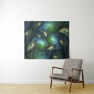 Spirals Teal Beige Green Abstract Fractal Art Tapestry