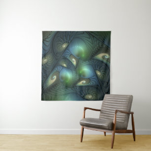 Spirals Teal Beige Green Abstract Fractal Art Tapestry