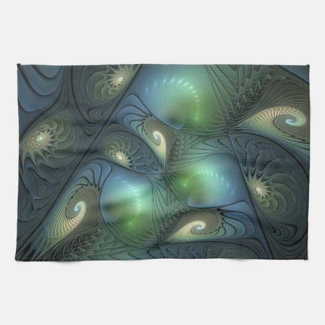 Spirals Teal Beige Green Abstract Fractal Art Tea Towel (Horizontal)
