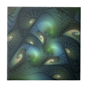 Spirals Teal Beige Green Abstract Fractal Art Tile