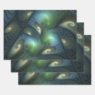 Spirals Teal Beige Green Abstract Fractal Art Wrapping Paper Sheet