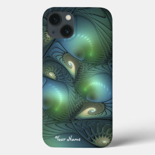 Spirals Teal Beige Green Abstract Fractal Name iPhone 13 Case