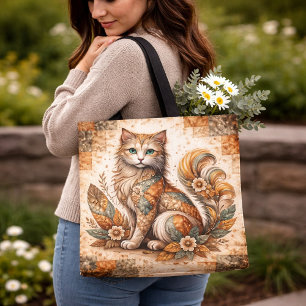Spirit Cat, Boho Patchwork Rustic Fold Art Tote Bag