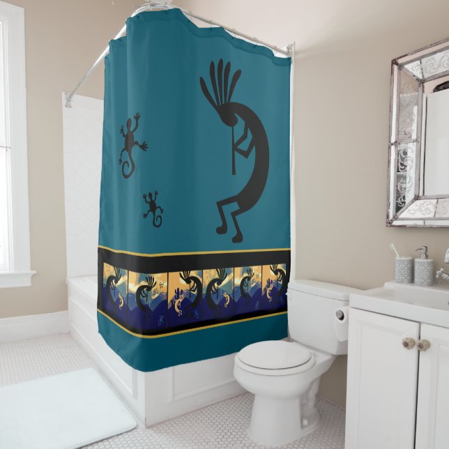 Spirit of Kokopelli Desert Landscape Teal Shower Curtain (In Situ)