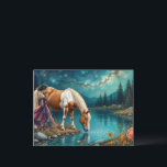 Spirit of Woman and a Palomino horse at Water Postcard<br><div class="desc">Spirit of Young woman in a colorful gown,  watches over a horse drinking water

AI art created by minx267</div>