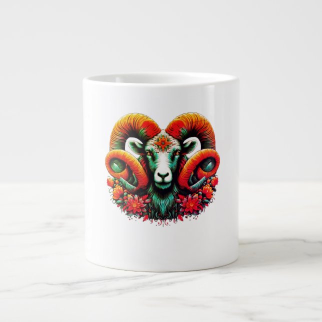 Spirit Ram – Floral Horns & Earth Wisdom Large Coffee Mug (Front)