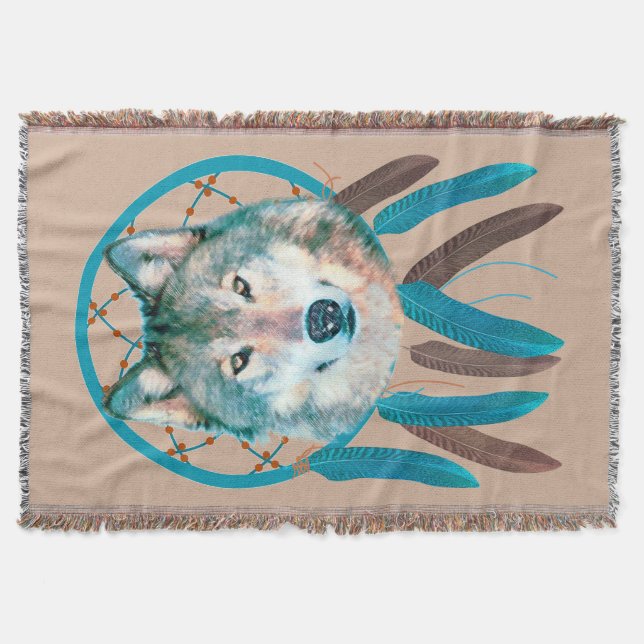 Spirit Wolf Dream Catcher Custom Throw Blanket (Front)