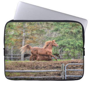 Spirited Dun Pony and Chestnut Ranch Horse Racing Laptop Sleeve