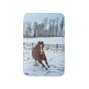 Spirited Quarter Horse Running in Winter Snow Bath Mat