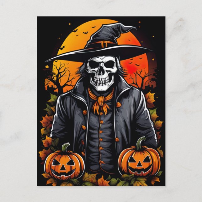 Spirited Skeleton, Spooky Halloween Postcard (Front)