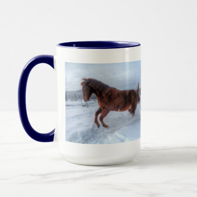 Spirited Sorrel Horse Rearing Up in Winter Snow Mug (Left)