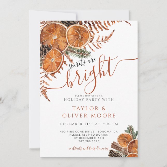 Spirits Are Bright Citrus Pine Holiday Party Invitation (Front)