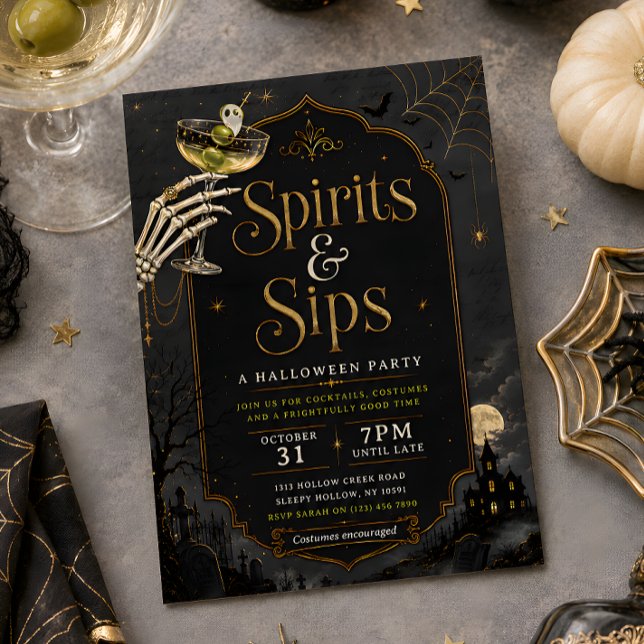 Spirits & Sips Gothic Halloween Cocktail Party Invitation (Creator Uploaded)