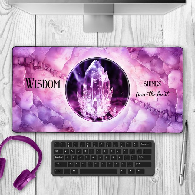 Spiritual Amethyst Crystal Geode Photo  Desk Mat (Desk mat featuring a purple pink amethyst crystal geode design with your own photo and quote)