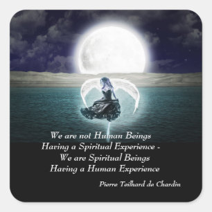 Spiritual Beings Quote with Angel and Full Moon Square Sticker