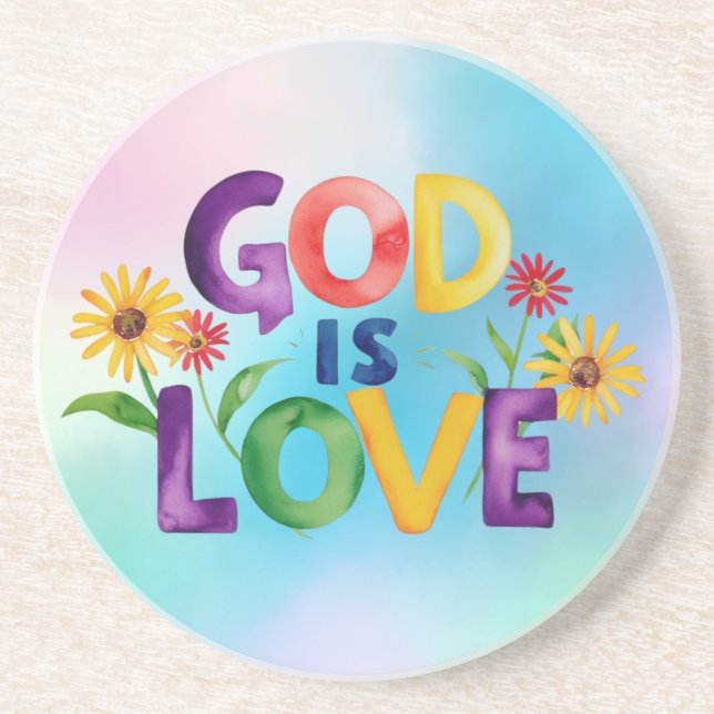 Spiritual Bible Quote God is Love Colourful flower Coaster (Front)