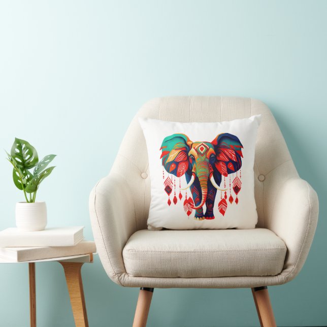 Spiritual Elephant with Red Feathers Cushion (Chair)