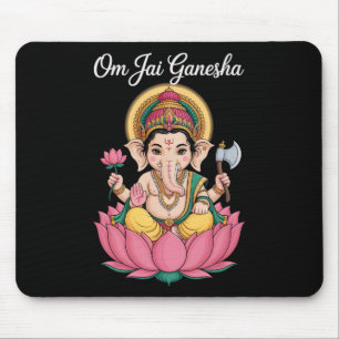 Spiritual Ganesha Lotus Illustration Om Jai Saying Mouse Pad