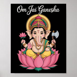Spiritual Ganesha Lotus Illustration Om Jai Saying Poster