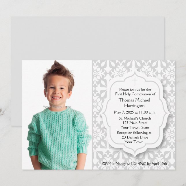 Spiritual Grey Damask, Photo Invitation (Front/Back)