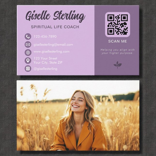 Spiritual Life Coach Lavender QR Code Photo  Business Card (Creator Uploaded)