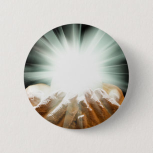 Spiritual light in cupped hands 6 cm round badge