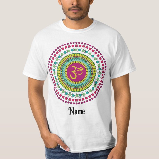 Spiritual Mandala Om Symbol Pink Green Customised T-Shirt (Front)