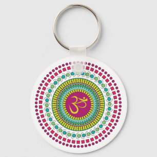 Spiritual Mandala Om Symbol Pink Green Geometric Key Ring