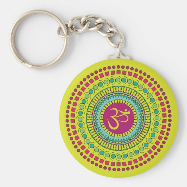 Spiritual Mandala Om Symbol Pink Green Geometric Key Ring (Front)