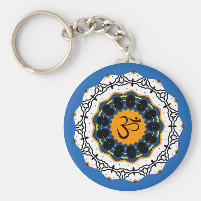 Spiritual Mandala Yoga Om Symbol Blue Geometric Key Ring (Front)