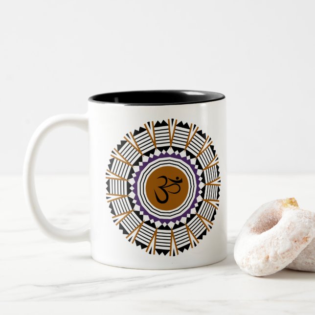 Spiritual Mandala Yoga Om Symbol Geometric Design Two-Tone Coffee Mug (With Donut)