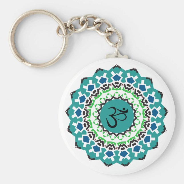 Spiritual Mandala Yoga Om Symbol Turquoise Blue Key Ring (Front)