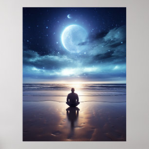 Spiritual Meditating Man on the Beach at Night Poster