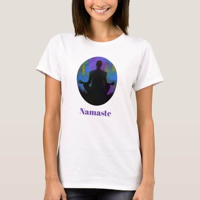 Spiritual Patchwork Sitting Yoga Pose Namaste T-Shirt (Front)