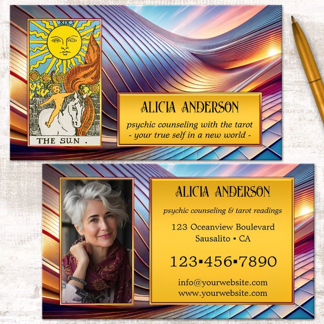 Spiritual Psychic Visionary Tarot Photo  Business Card (Tarot business card featuring a colorful visionary abstract metallic design with your custom photos)