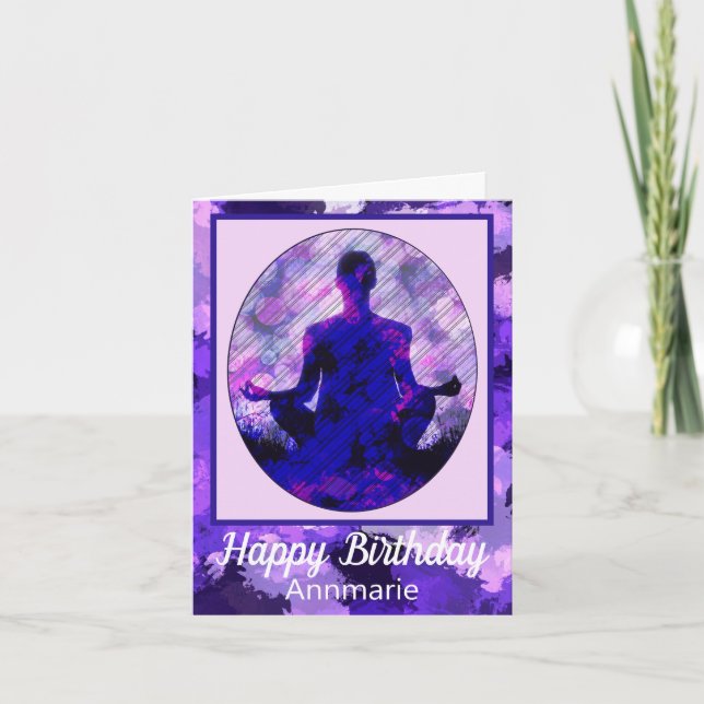 Spiritual Purple Sitting Yoga Birthday Card (Front)