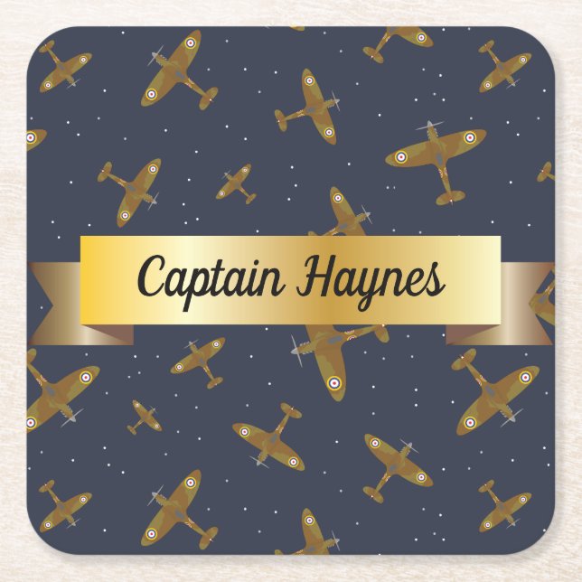 Spitfire Aeroplanes on Navy Blue Gold Scroll Square Paper Coaster (Front)