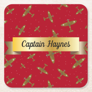 Spitfire Airplanes on Red with Gold Scroll Square Paper Coaster