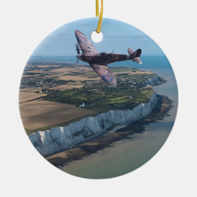Spitfire over the English coast. Ceramic Tree Decoration (Front)