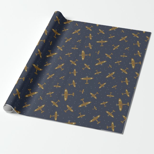 Spitfire War Planes on Navy Blue Pattern Wrapping Paper (Unrolled)