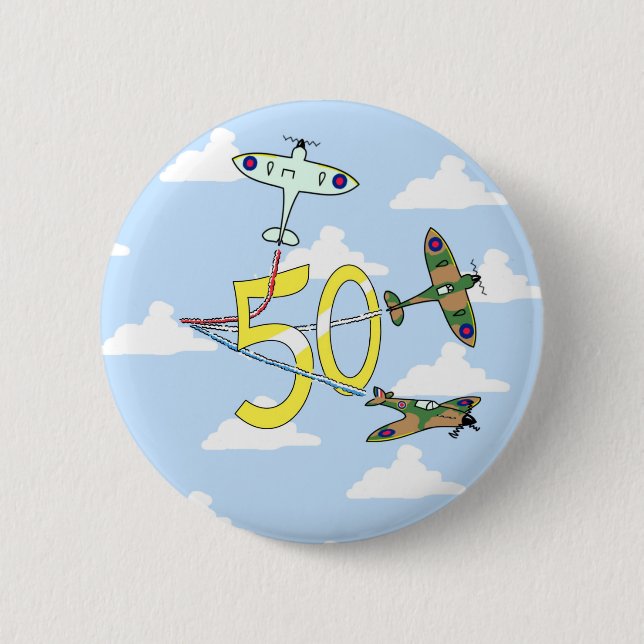 Spitfires 50th Birthday (Blue Sky) 6 Cm Round Badge (Front)